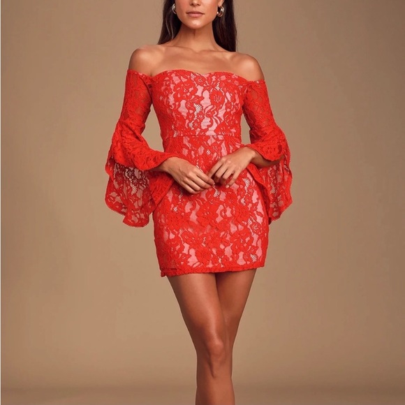 Lulus Dresses & Skirts - Lulus Red Lace Off The Shoulder Mini Dress Size XS